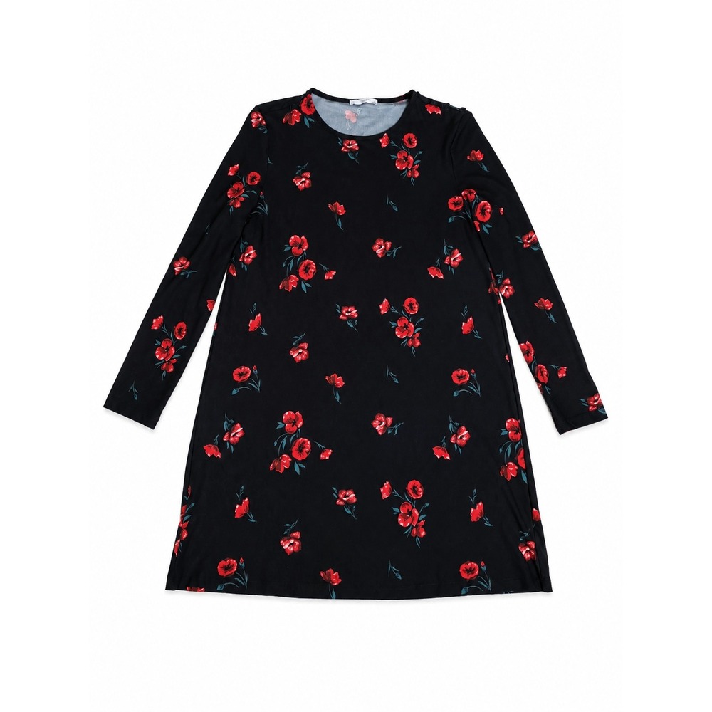 Mango Basics Womens size 10 Black Red Poppy Floral Long Sleeve Shift Dress